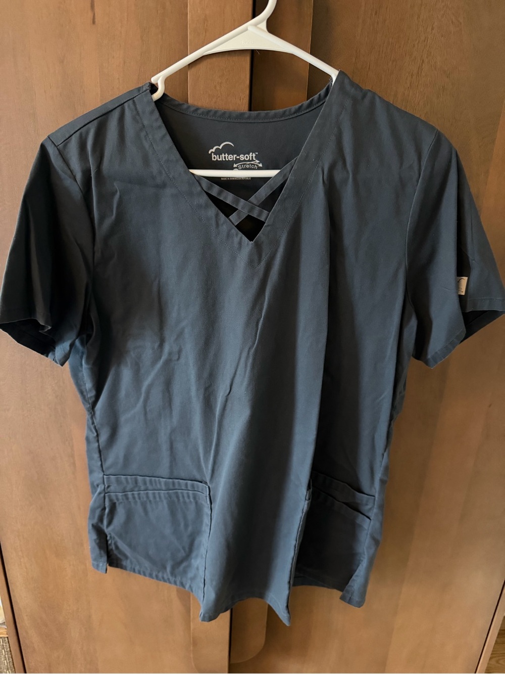 Butter Women's Gray Short Sleeve V-Neck Scrub Top with Crisscross Detail